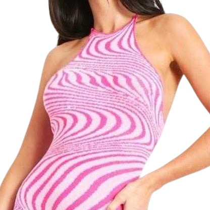 Pink - Back - Missy Empire Womens-Ladies Swirl Print Knitted Tie Neck Unitard