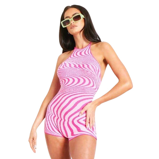 Pink - Front - Missy Empire Womens-Ladies Swirl Print Knitted Tie Neck Unitard