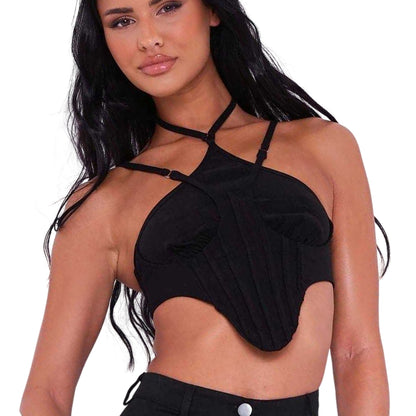 Black - Back - Missy Empire Womens-Ladies Ribbed Corset Top
