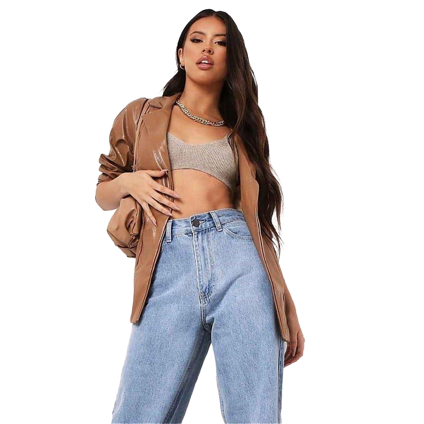 Camel Print - Front - Missy Empire Womens-Ladies Plain Faux Leather Slim Blazer