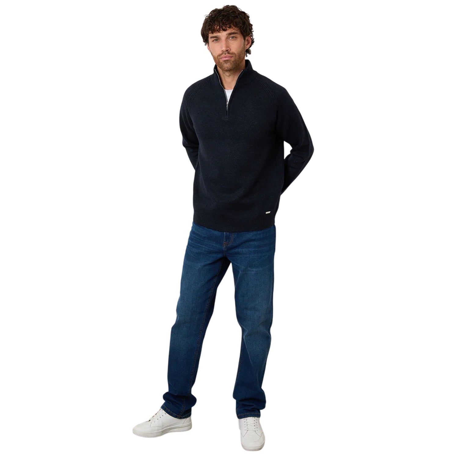 Navy - Lifestyle - Threadbare Mens Rossen Quarter Zip Raglan Long-Sleeved Jumper