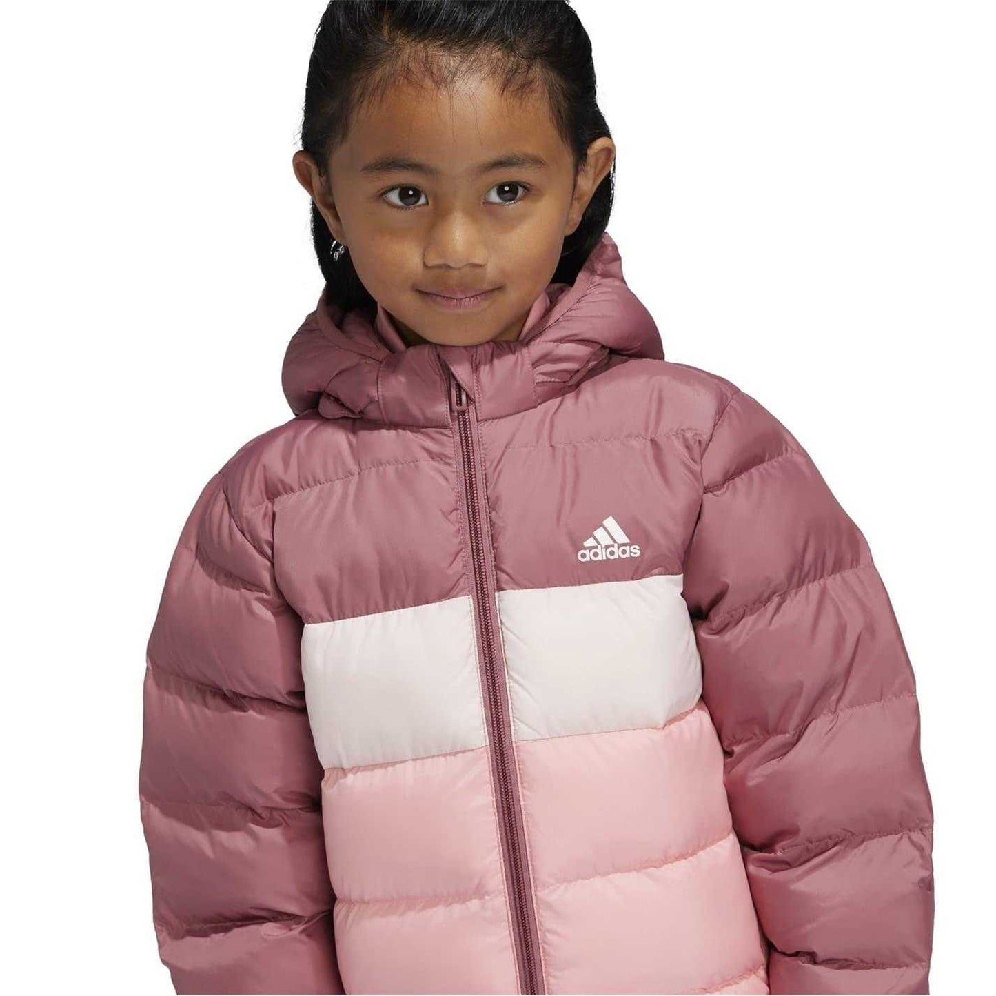 Crimson-Pink - Side - Adidas Childrens-Kids Colour Block Hooded Puffer Jacket