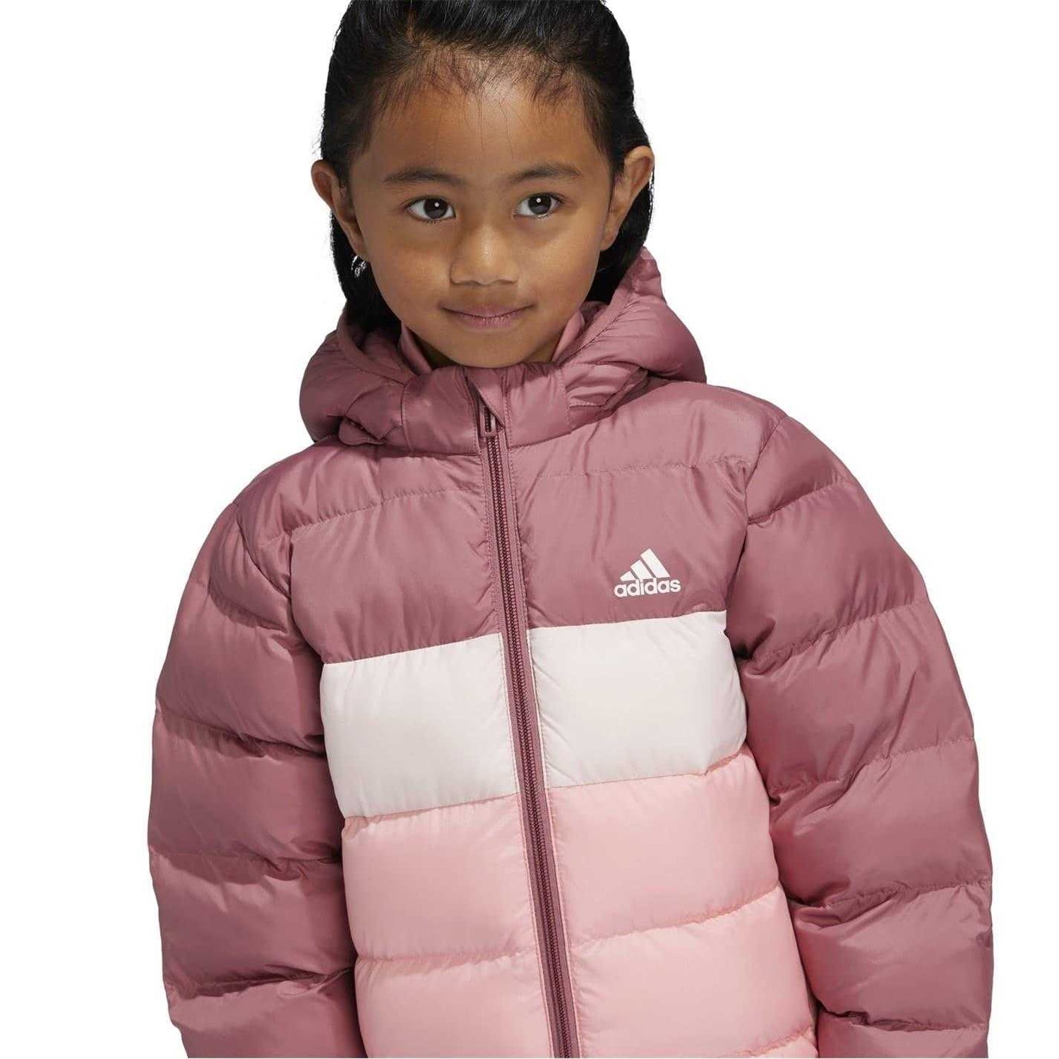 Crimson-Pink - Side - Adidas Childrens-Kids Colour Block Hooded Puffer Jacket