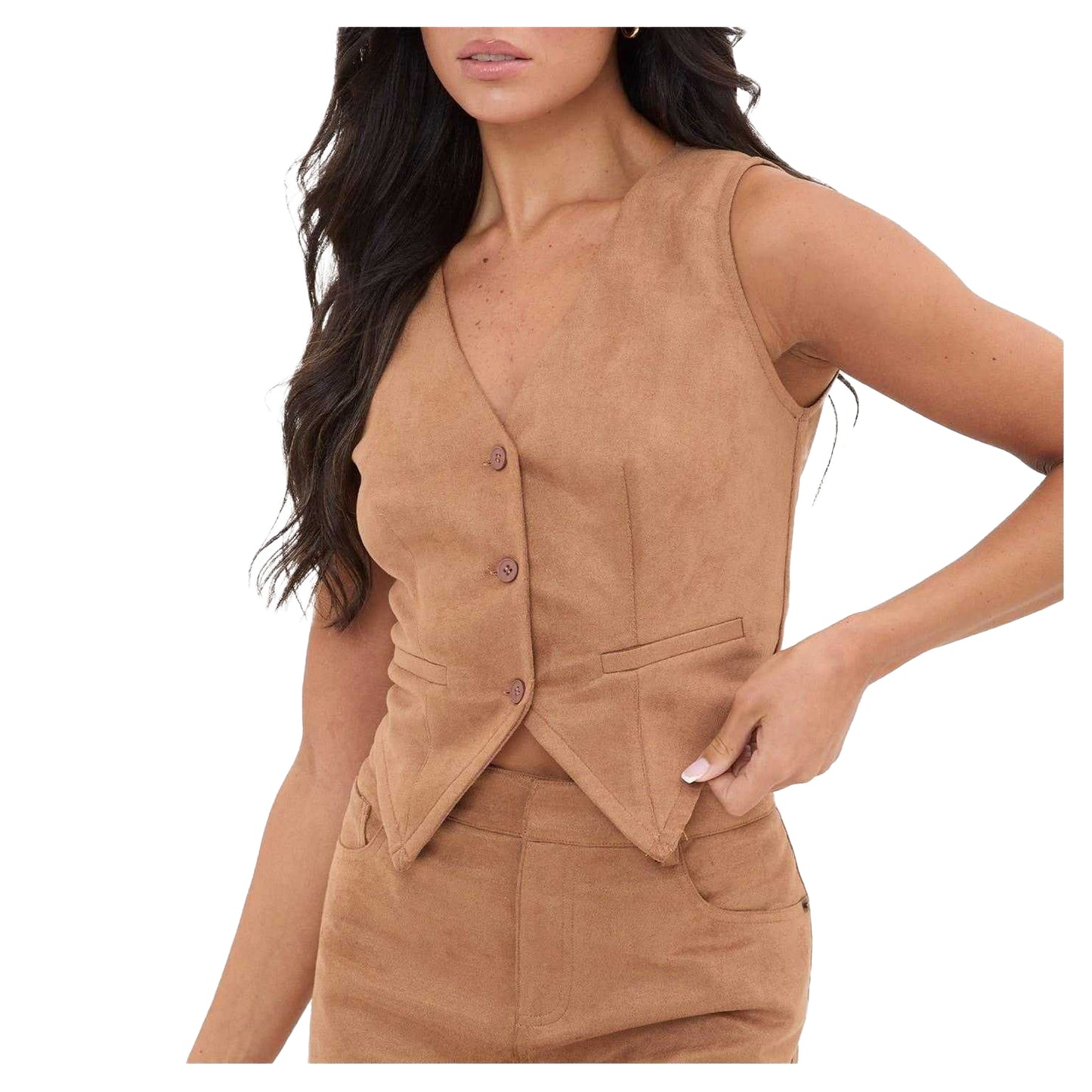 Brown - Side - I Saw It First Unisex Adult Suede Fitted Sleeveless Waistcoat