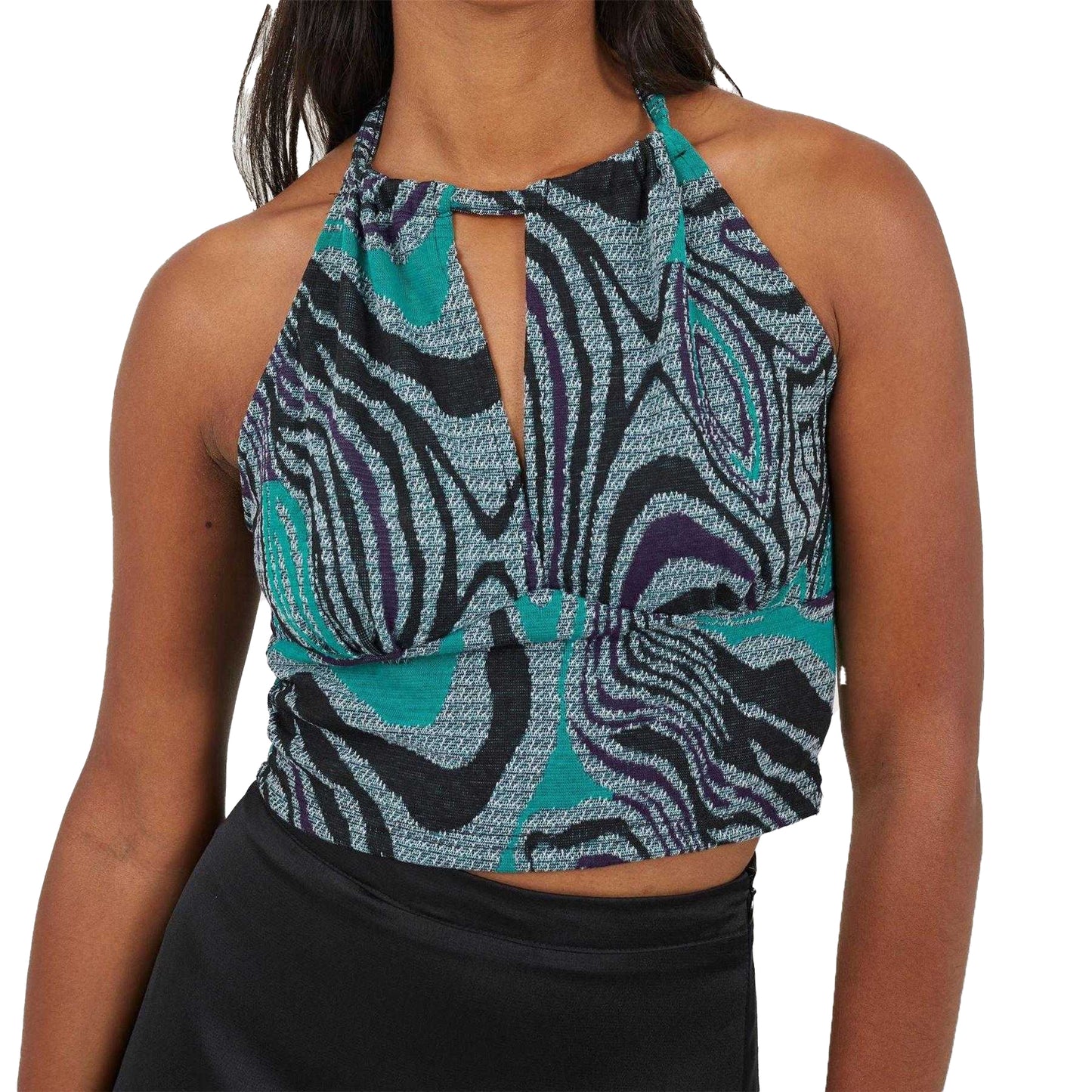 Black-Green - Side - Brave Soul Womens-Ladies Abstract Jacquard Halter Top