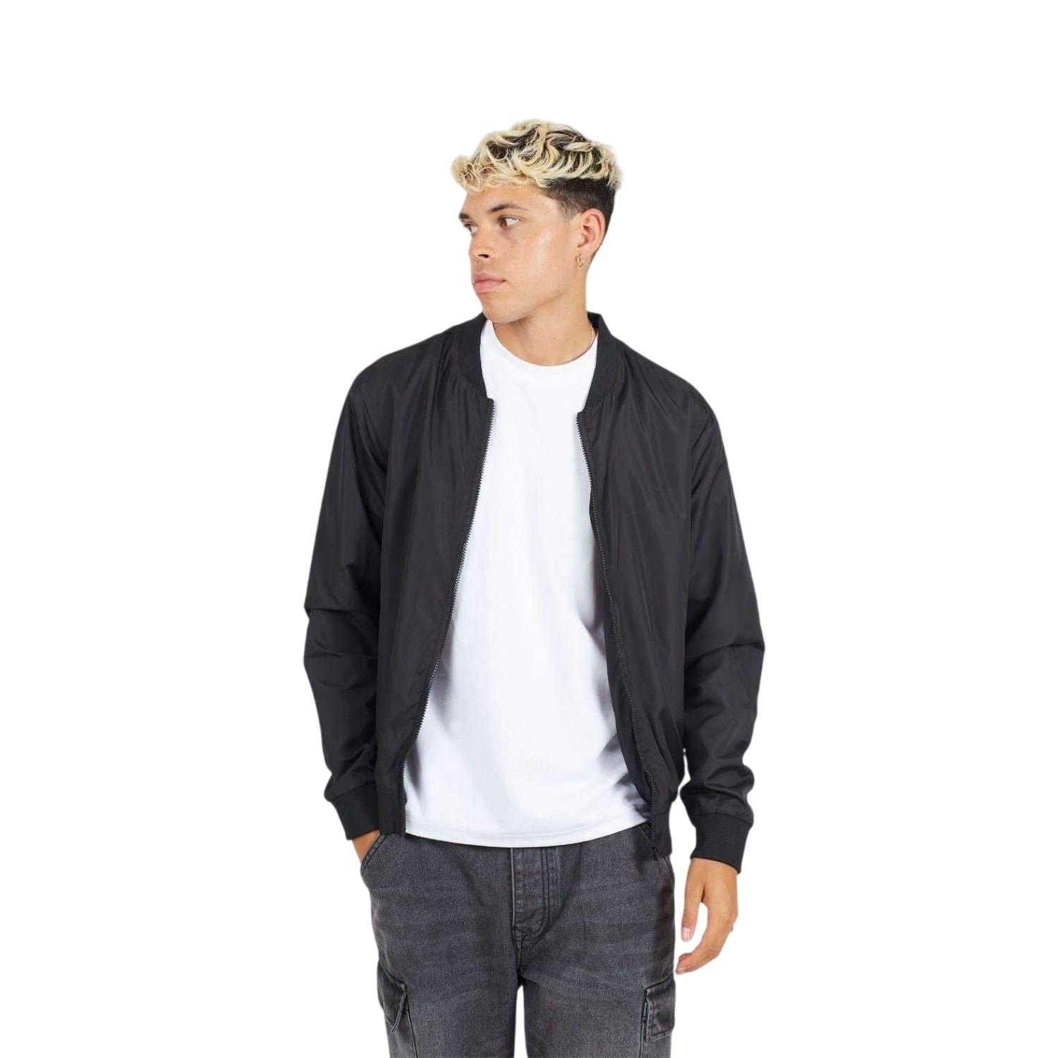 Black - Front - Brave Soul Mens Plain Zip Pocket Bomber Jacket