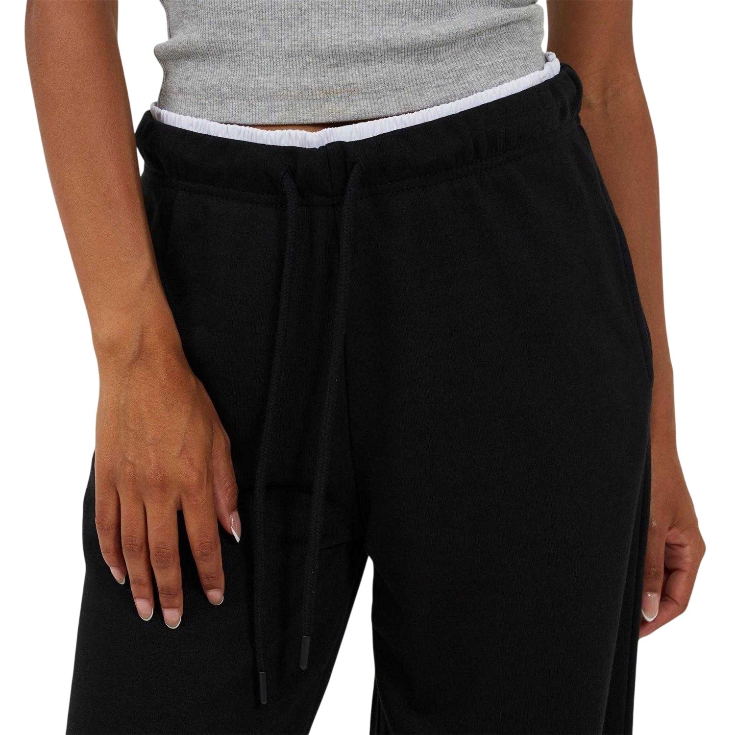 Black-White - Side - Brave Soul Womens-Ladies Double Waist Detail Joggers
