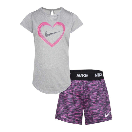 Grey-Pink - Front - Nike Girls Heart Short-Sleeved T-Shirt & Shorts Set