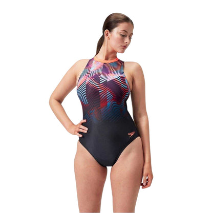 Black-Red - Front - Speedo Womens-Ladies Hypocrite Abstract One Piece Swimsuit