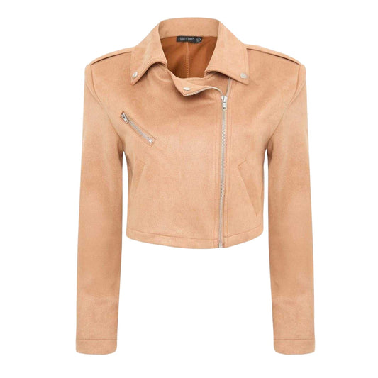 Tan - Front - I Saw It First Womens-Ladies Biker Jacket
