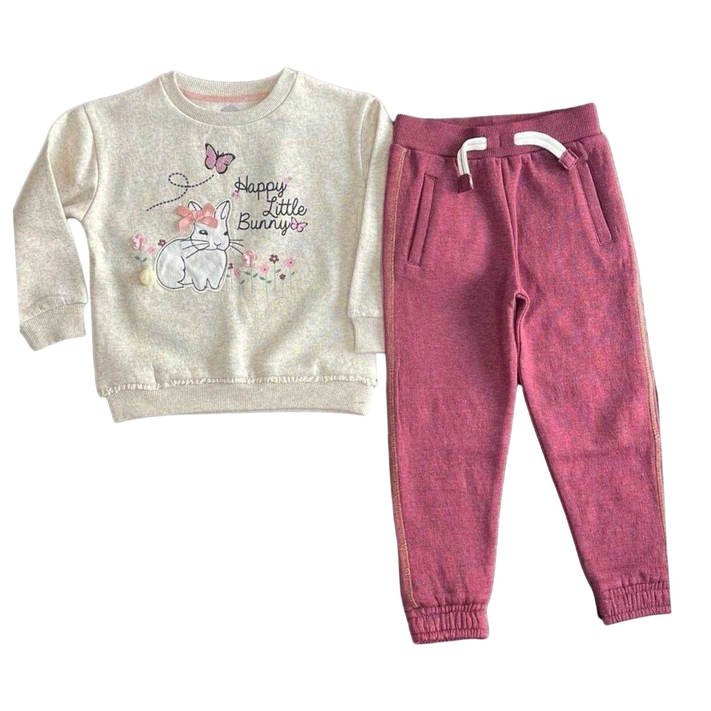 Cream-Burgundy - Front - Hello World Girls Bunny Top & Bottom Set