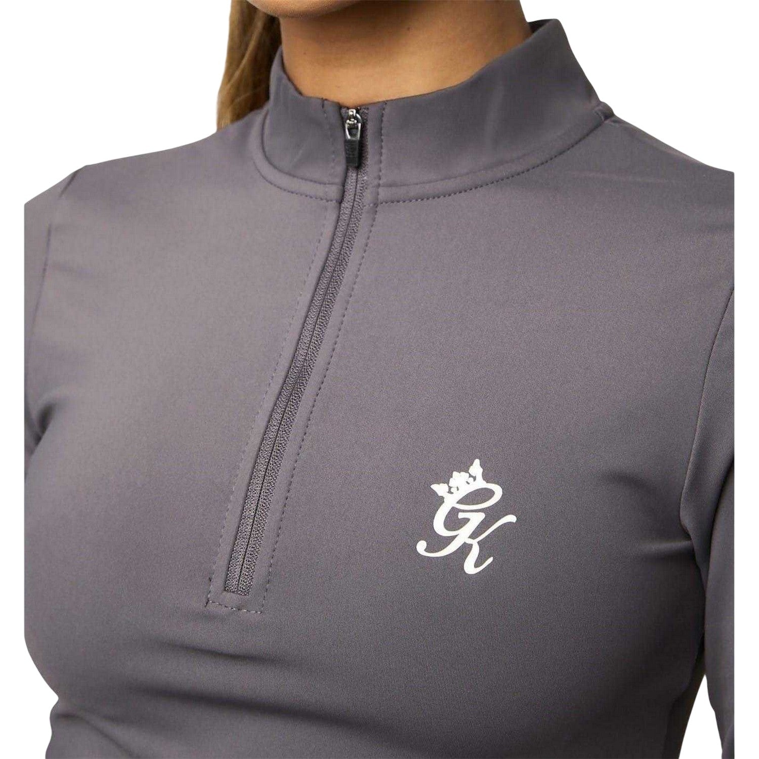 Slate-Peach - Side - Gym King Womens-Ladies Impact Half Zip Crop Top