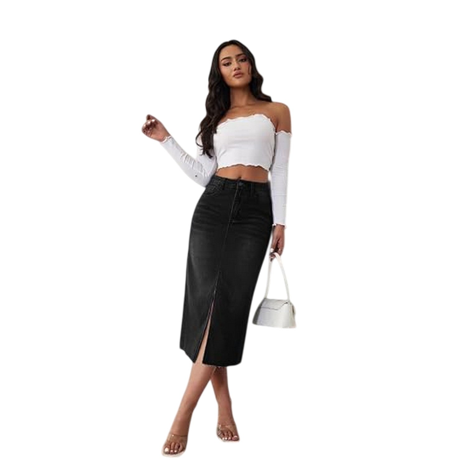 Black - Lifestyle - Hugo Womens-Ladies Goja Denim Midi Skirt