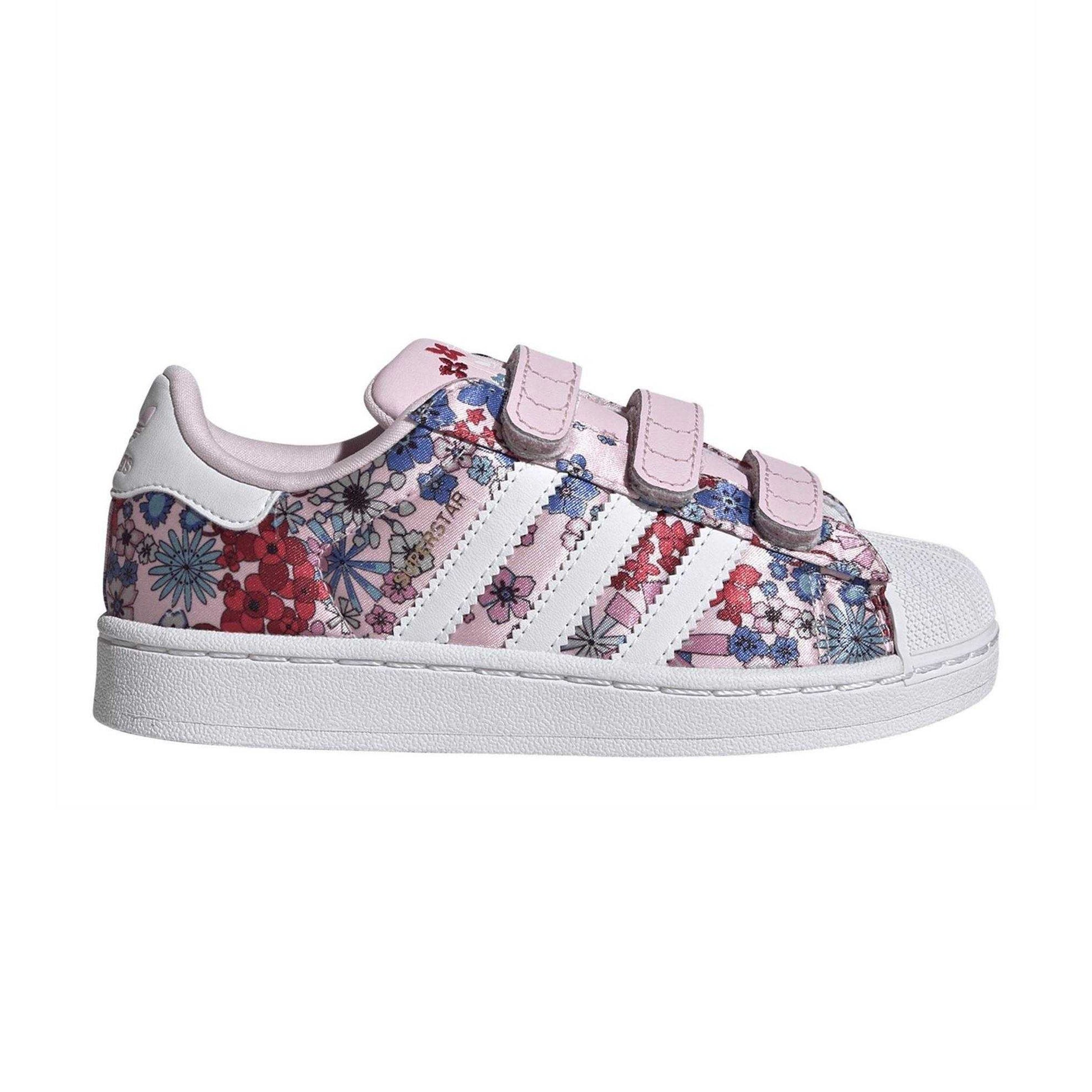 Pink-White - Front - Adidas Childrens-Kids Superstar Floral Leather Trainers