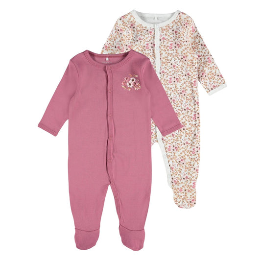 Rose - Front - Name It Baby Crew Neck Long-Sleeved Sleepsuit (Pack of 2)