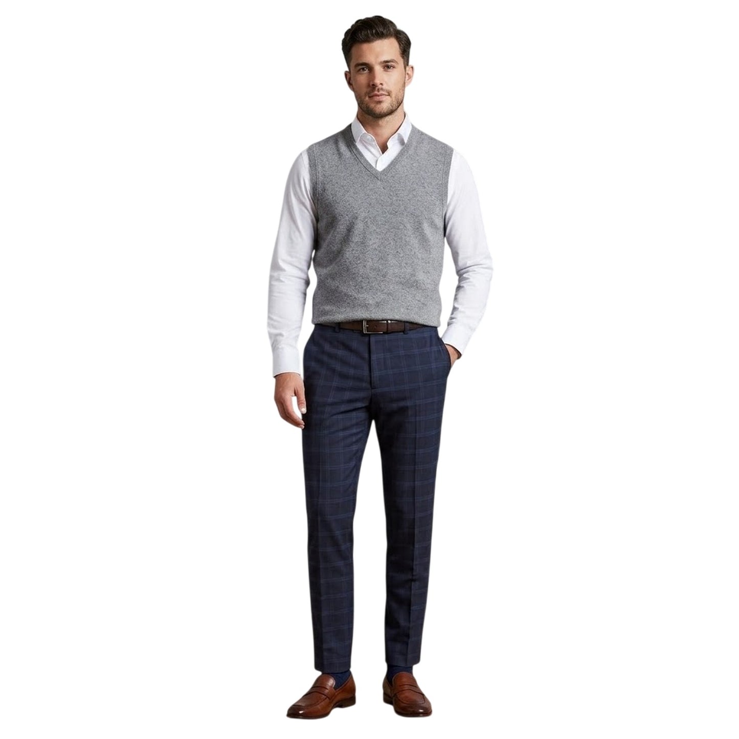 Navy - Side - Ted Baker Mens Plaid Regular Trousers