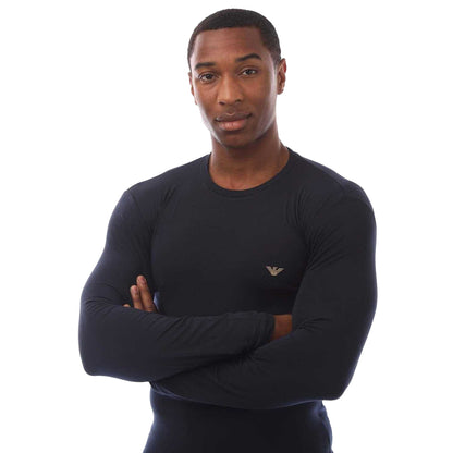 Navy - Side - Emporio Armani Mens Embroidered Logo Long-Sleeved T-Shirt