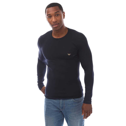 Navy - Front - Emporio Armani Mens Embroidered Logo Long-Sleeved T-Shirt