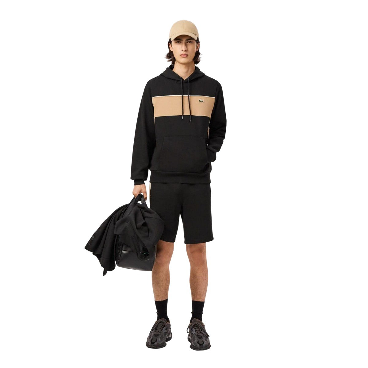 Black - Close up - Lacoste Mens Colour Block Fleece Hoodie