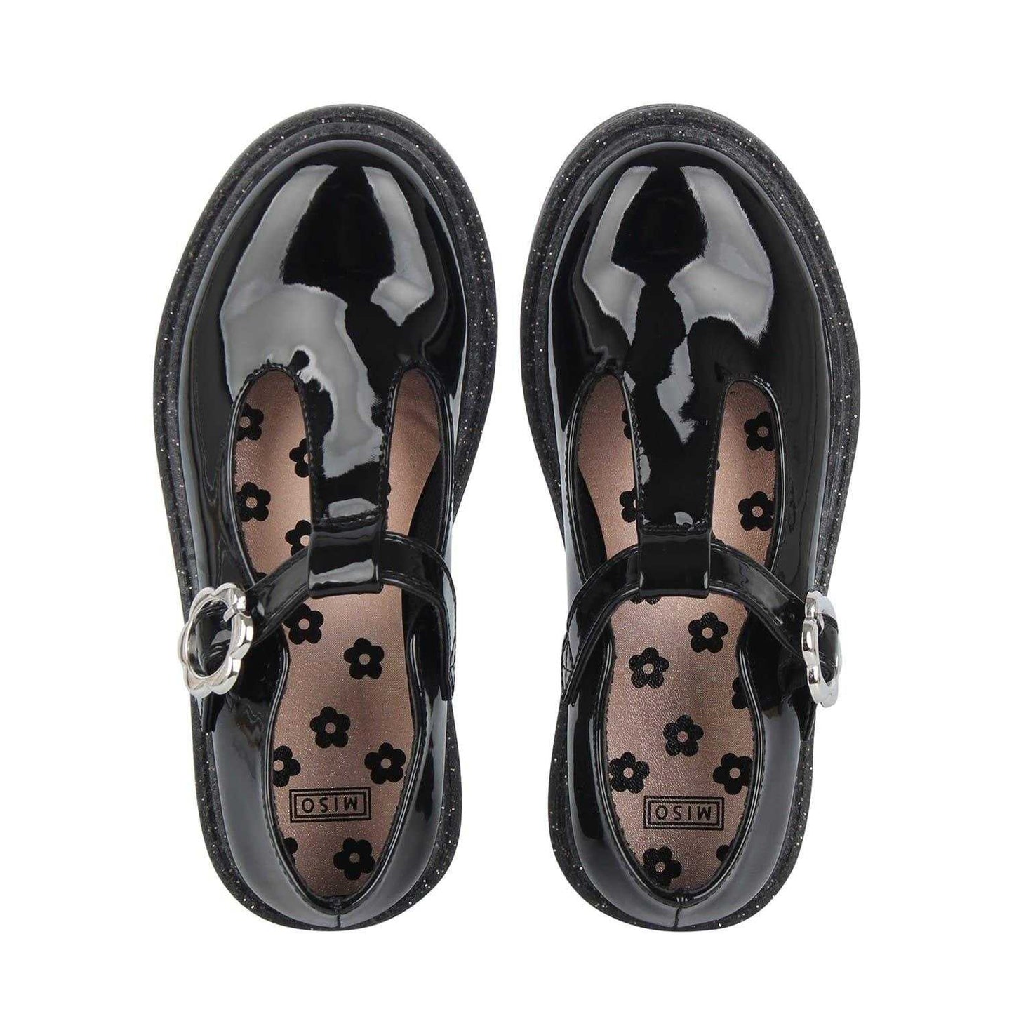 Black Patent - Lifestyle - Miso Girls Glitter Block Heel Mary Janes