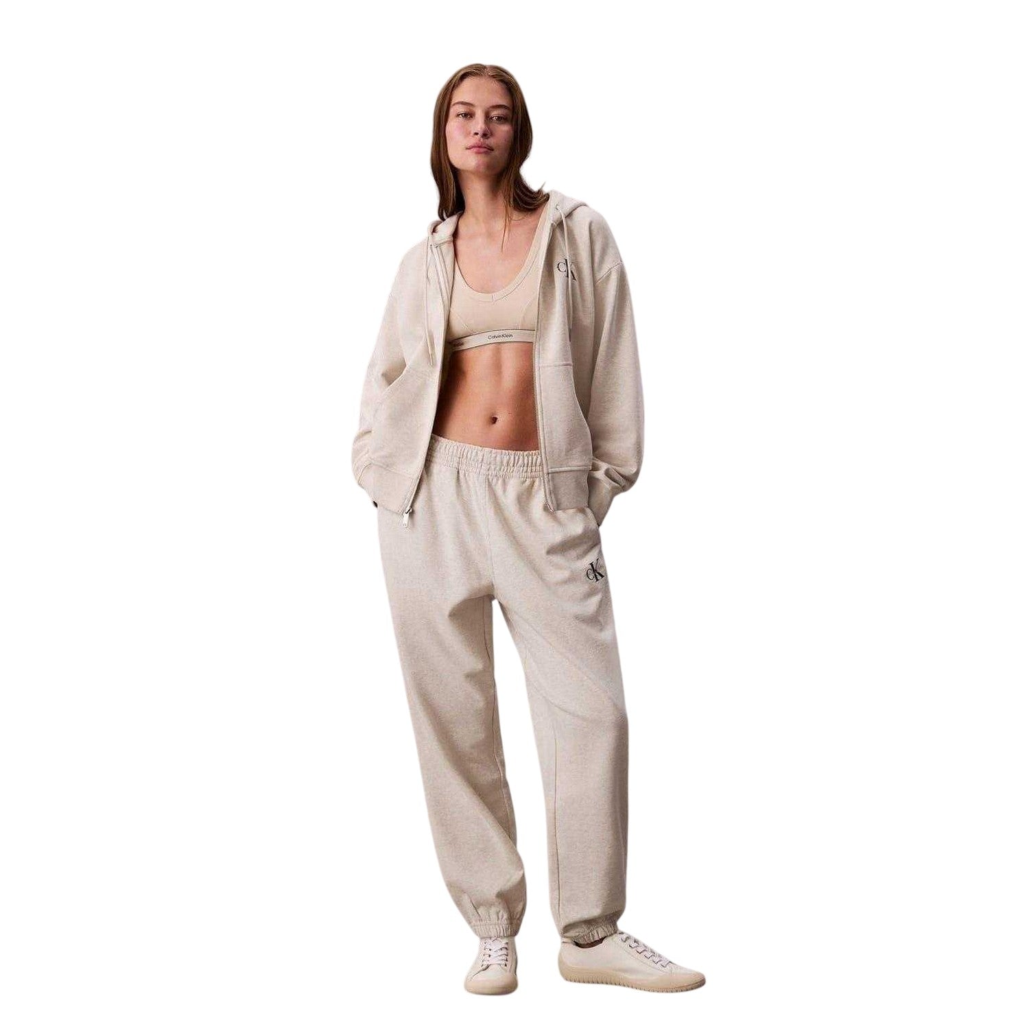 Vanilla - Side - Calvin Klein Womens-Ladies Fleece Patterned Joggers