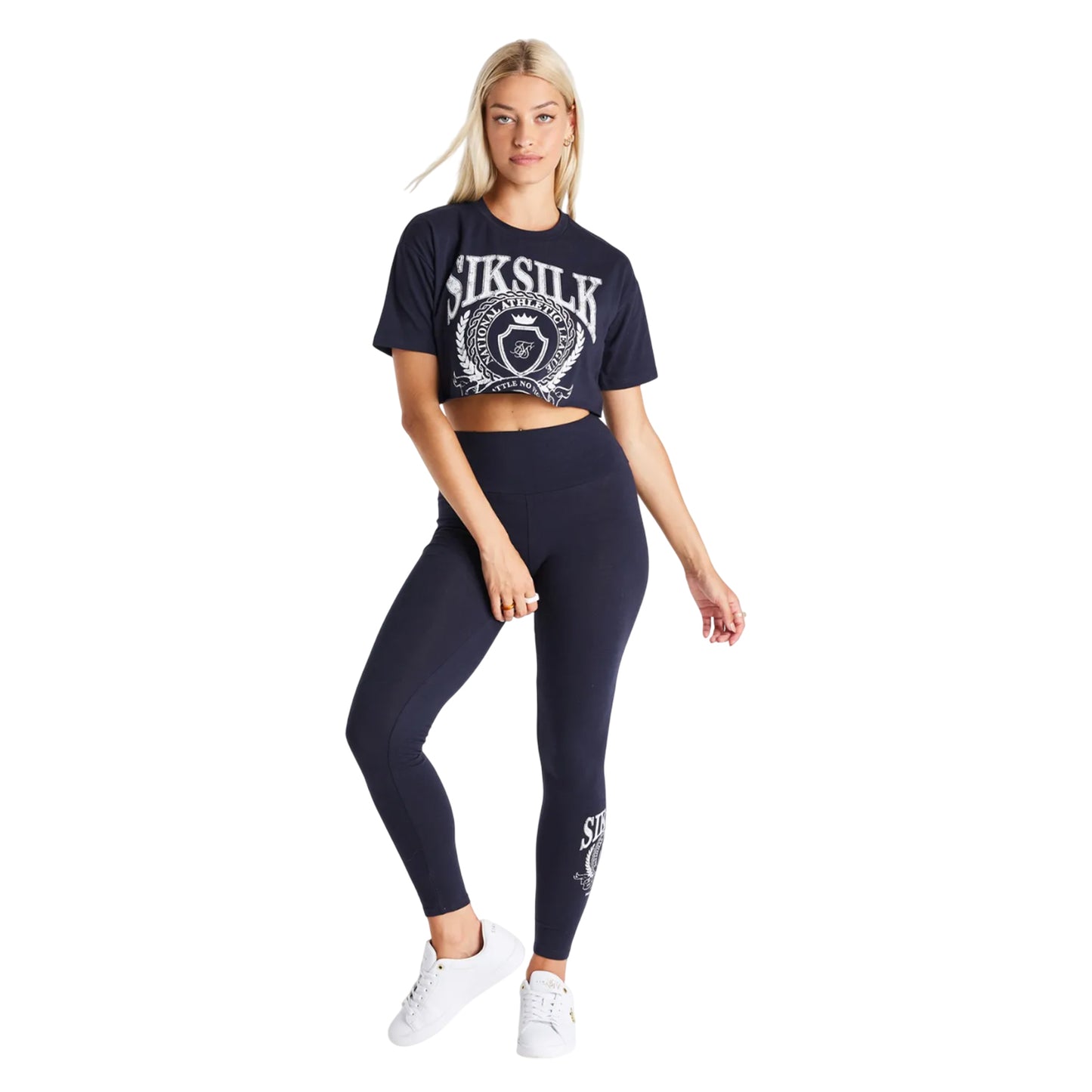 Navy - Lifestyle - SikSilk Womens-Ladies Varsity Cropped T-Shirt