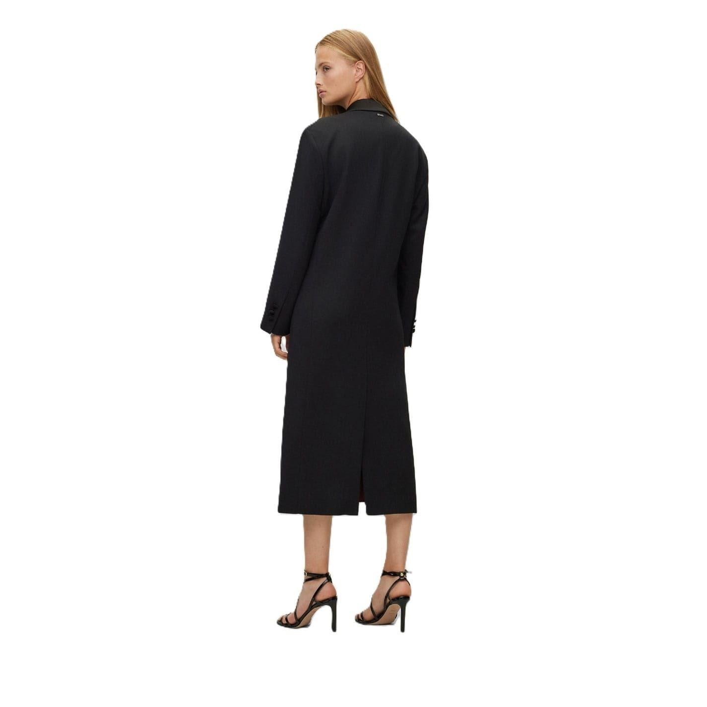 Black - Back - Boss Womens-Ladies Waxed Lapel Collar Longline Jacket