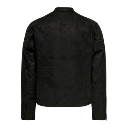 Black - Back - Only Mens Plain Zip Pocket Biker Jacket