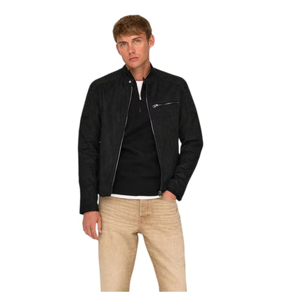 Black - Side - Only Mens Plain Zip Pocket Biker Jacket