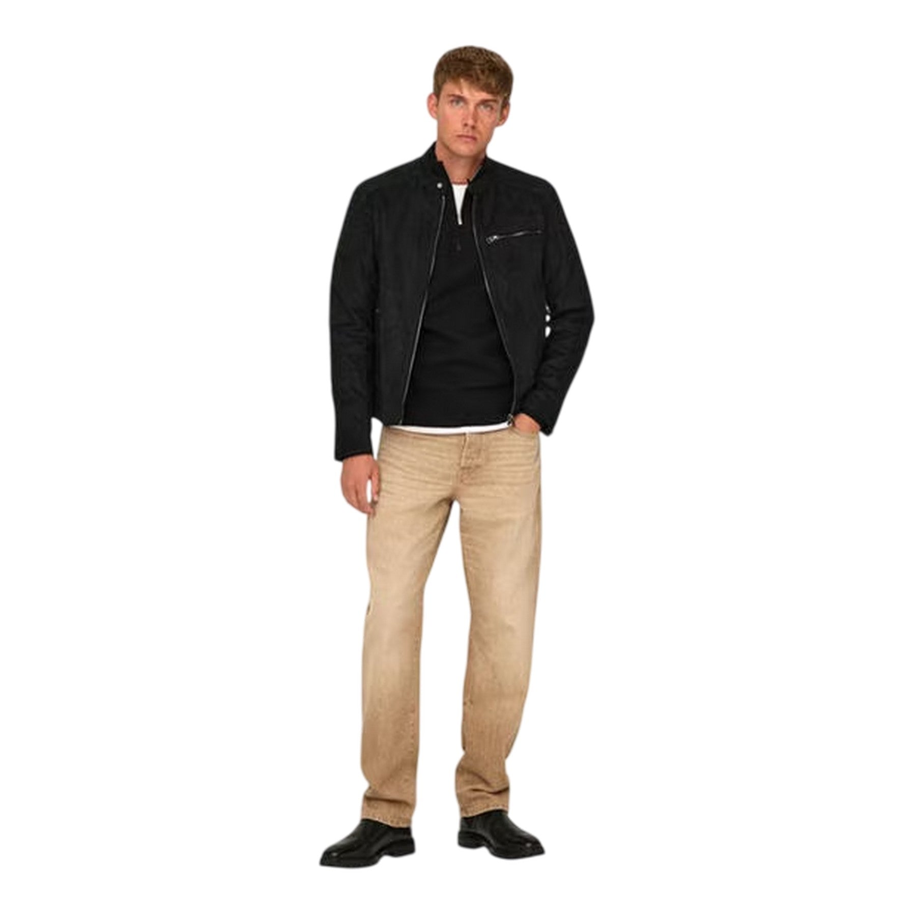 Black - Lifestyle - Only Mens Plain Zip Pocket Biker Jacket