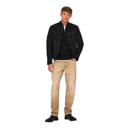 Black - Lifestyle - Only Mens Plain Zip Pocket Biker Jacket