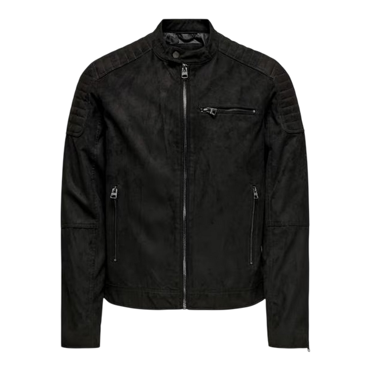 Black - Front - Only Mens Plain Zip Pocket Biker Jacket