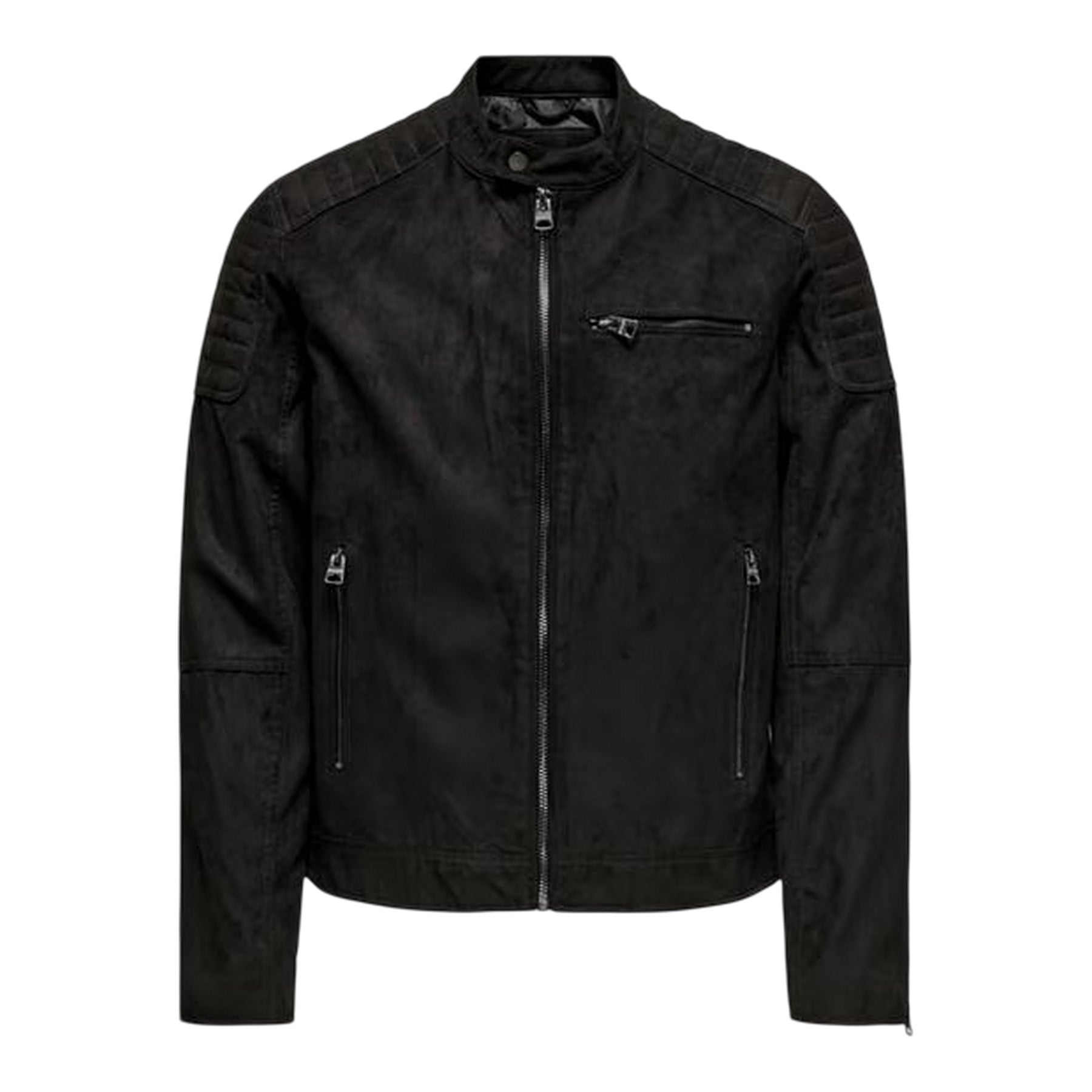 Black - Front - Only Mens Plain Zip Pocket Biker Jacket