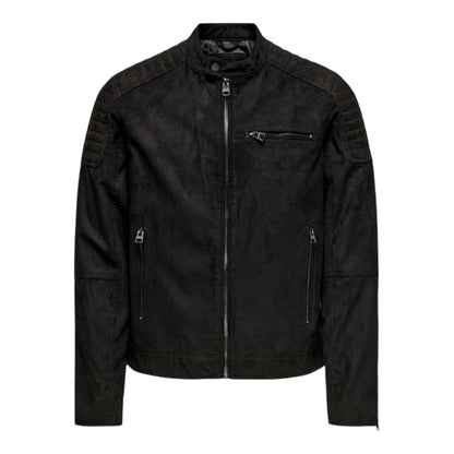 Black - Front - Only Mens Plain Zip Pocket Biker Jacket