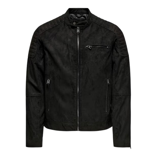 Black - Front - Only Mens Plain Zip Pocket Biker Jacket