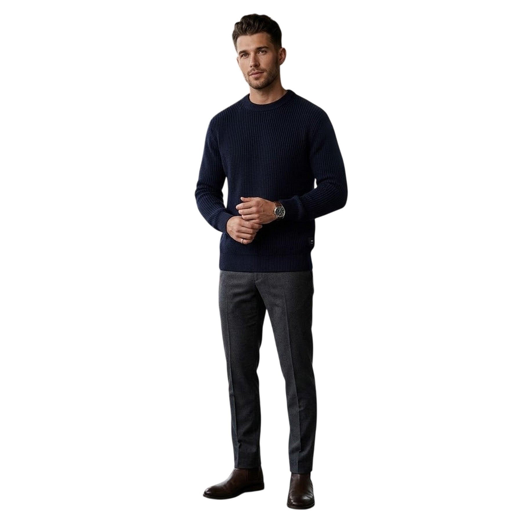 Navy - Side - Replay Mens Fisherman Ribbed Jumper