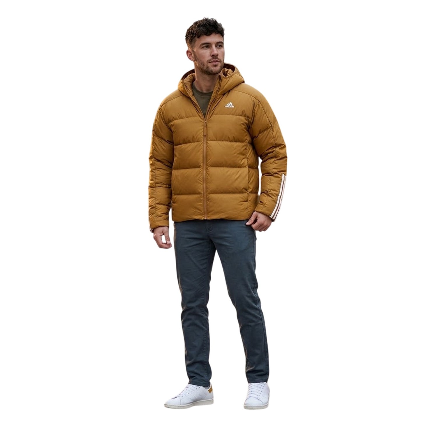 Brown - Side - Adidas Mens Essential 3 Stripes Down Midweight Puffer Jacket