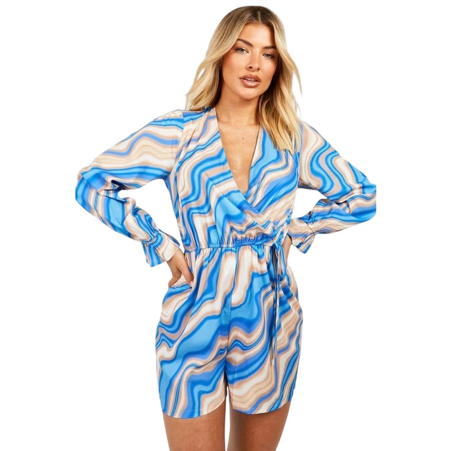 Blue - Front - Influence Womens-Ladies Surplice Wave V Neck Relaxed Fit Long-Sleeved Playsuit