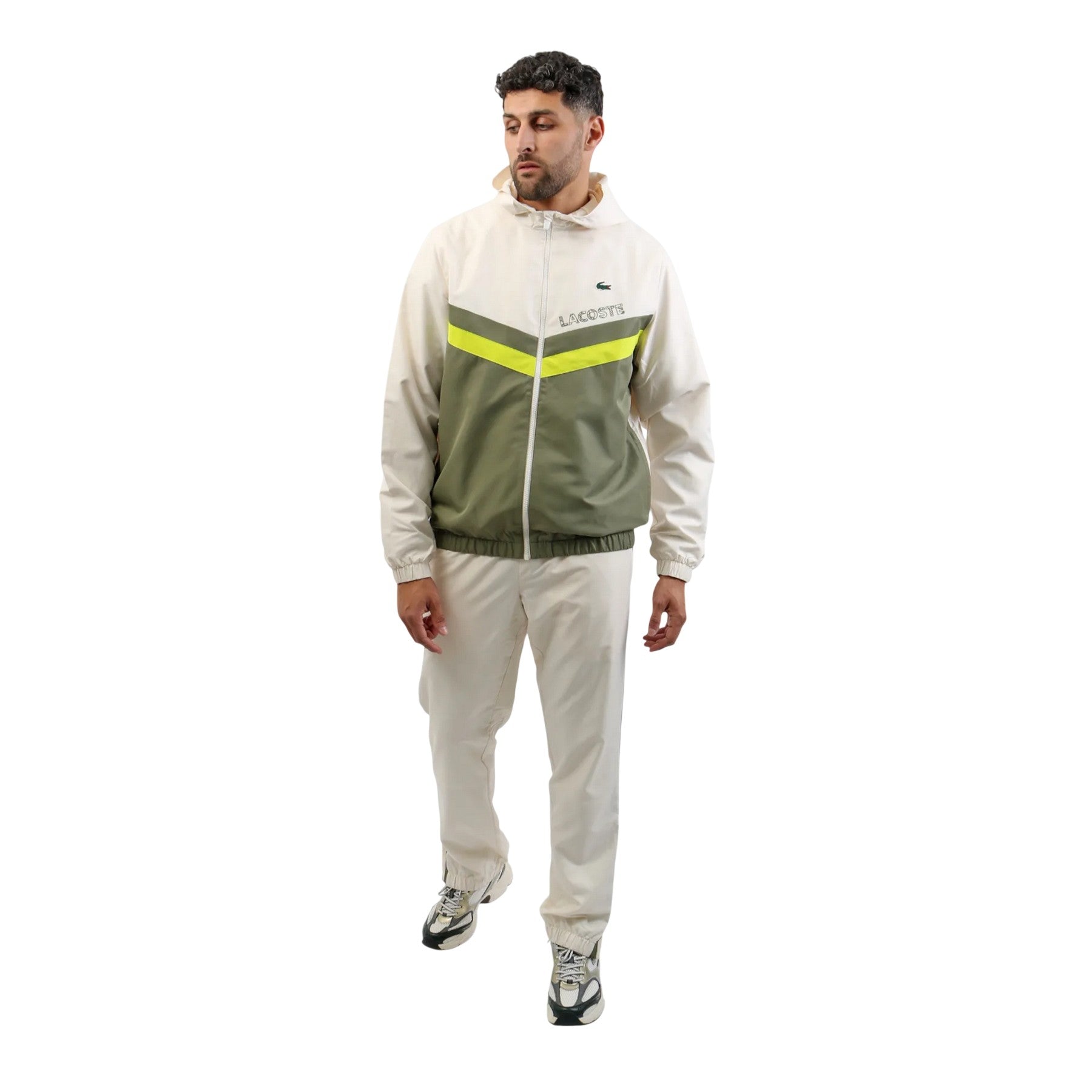 White-Khaki Green - Side - Lacoste Mens Colour Block Taffeta Tracksuit