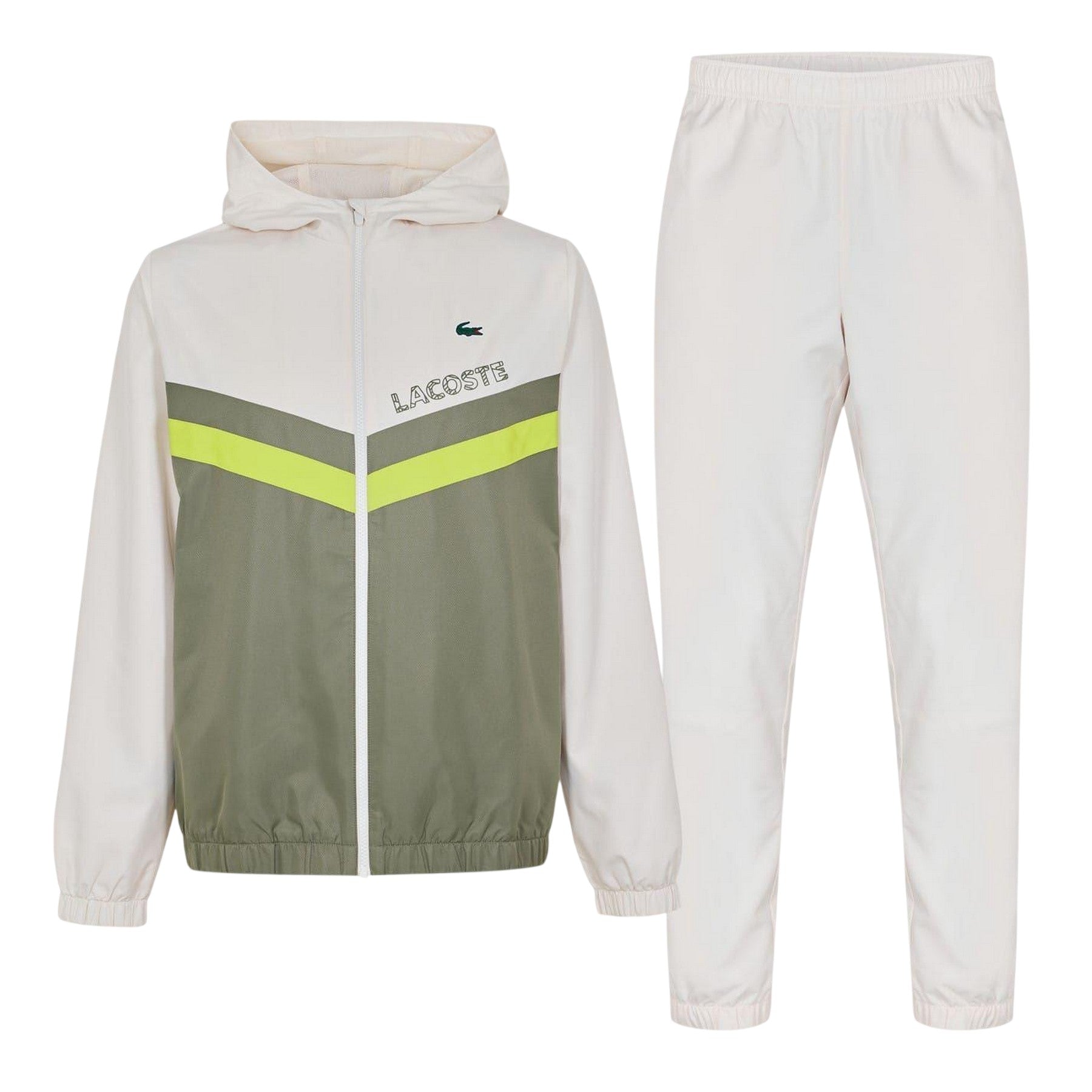 White-Khaki Green - Front - Lacoste Mens Colour Block Taffeta Tracksuit