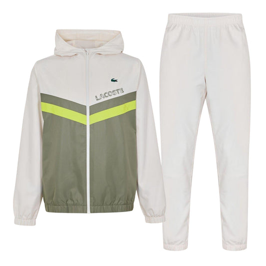 White-Khaki Green - Front - Lacoste Mens Colour Block Taffeta Tracksuit