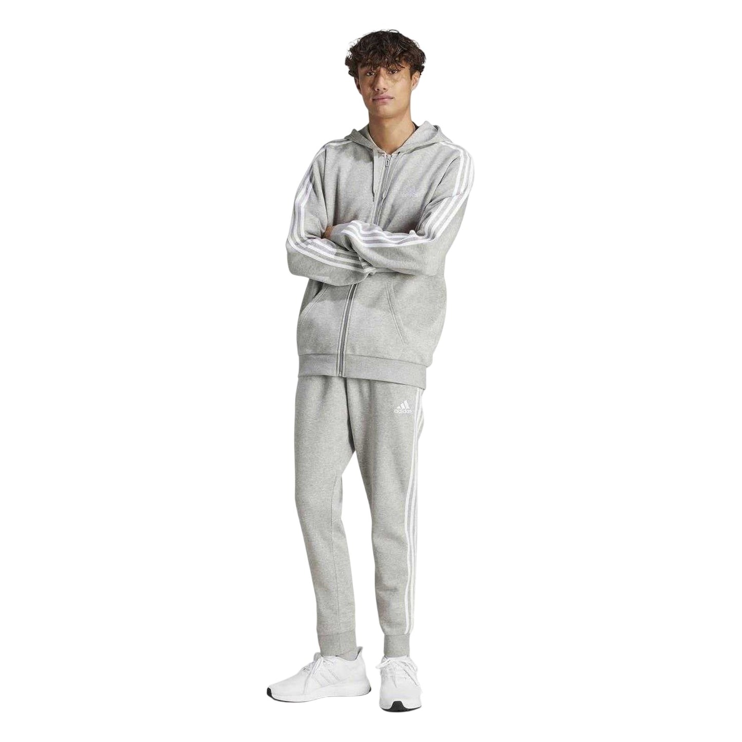 Grey-Black - Front - Adidas Mens 3 Stripes Fleece Tracksuit