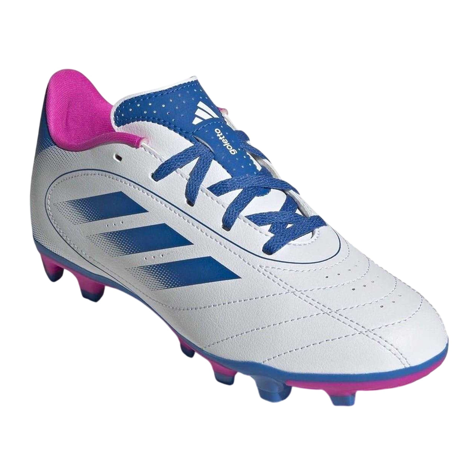 White-Blue-Pink - Pack Shot - Adidas Childrens-Kids Goletto VIII 3 Stripes Firm Ground Football Boots