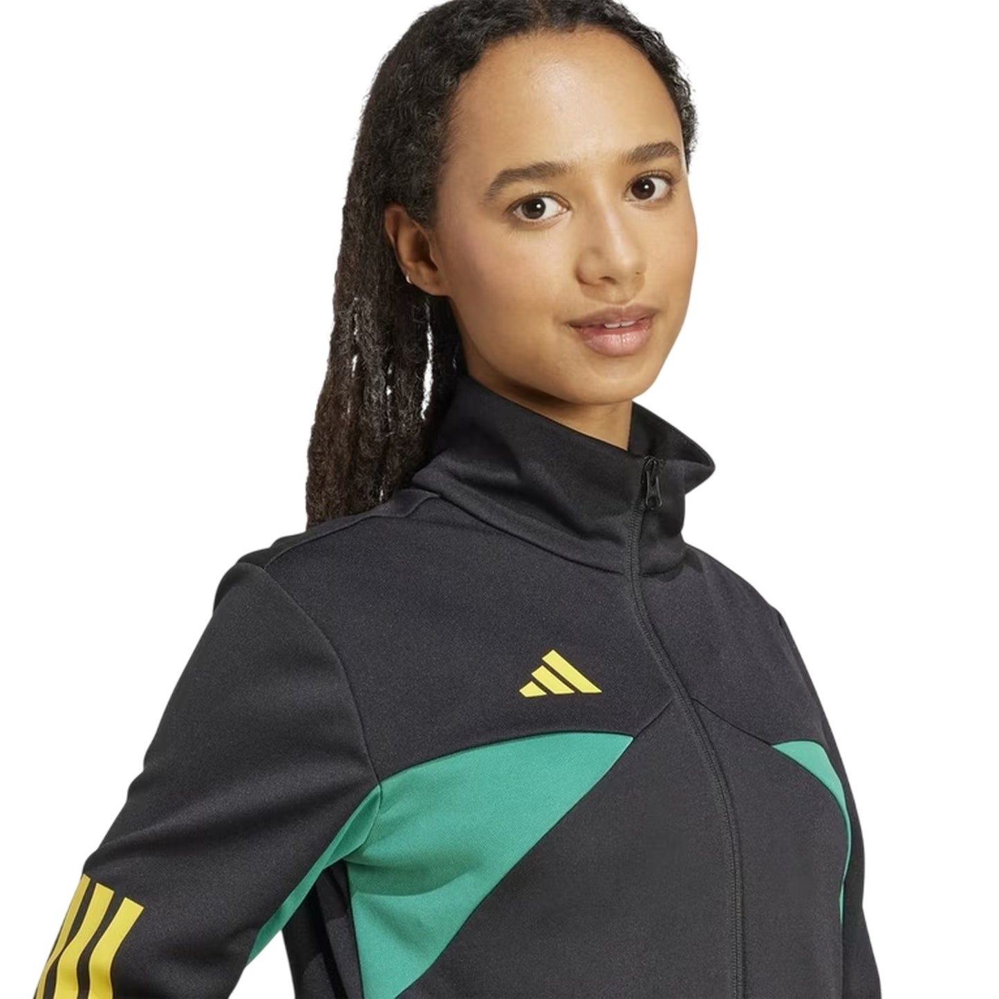 Black-Gold-Green - Side - Adidas Womens-Ladies Colour Block Mock Neck Track Jacket