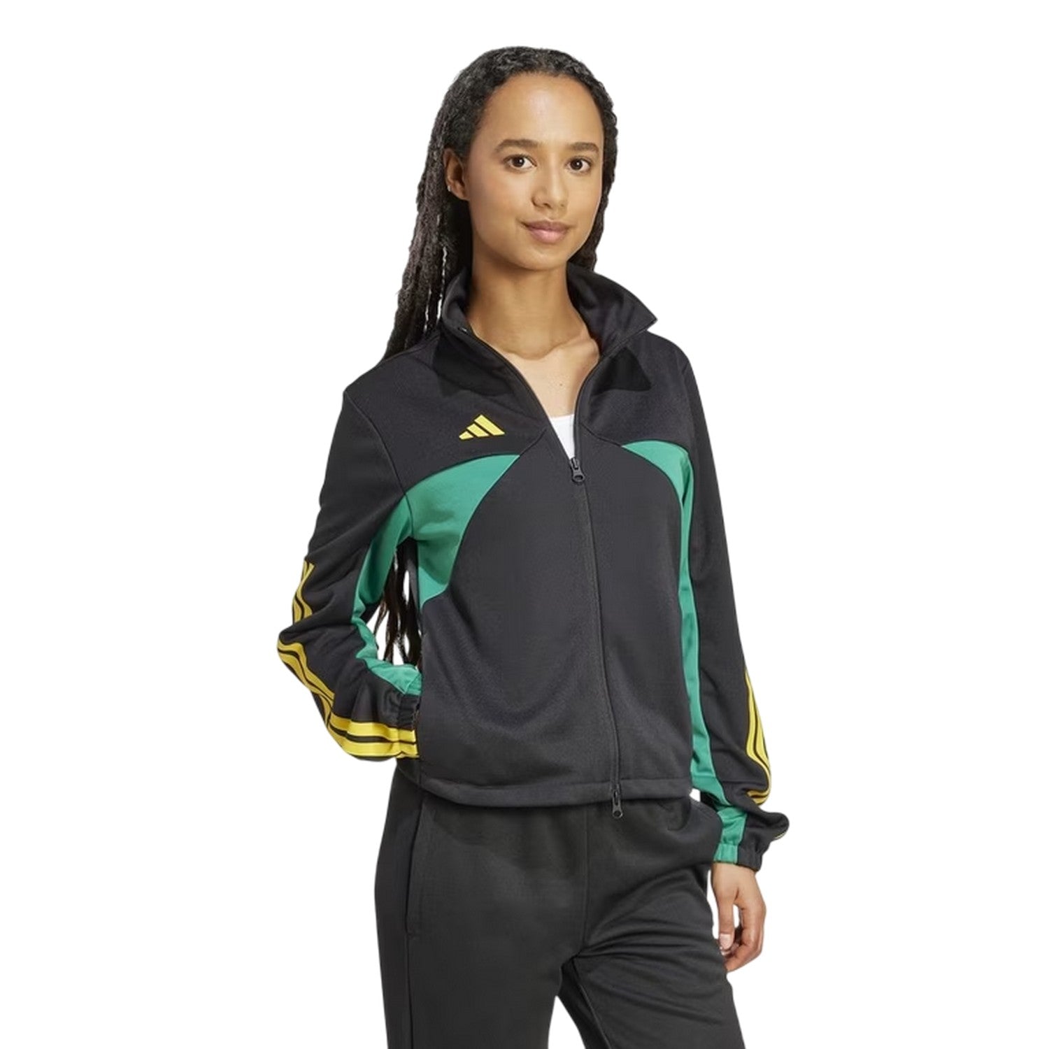 Black-Gold-Green - Pack Shot - Adidas Womens-Ladies Colour Block Mock Neck Track Jacket