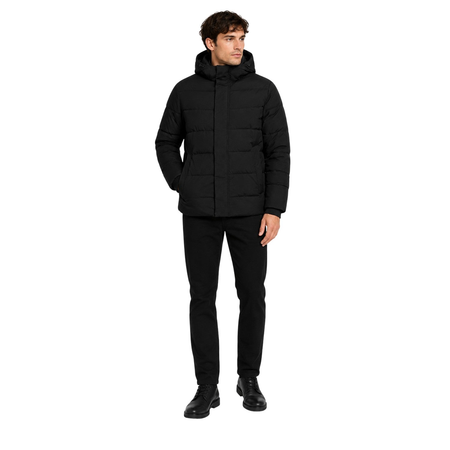 Black - Lifestyle - Jack And Jones Mens Colour Block Ribbed Hooded Puffer Jacket