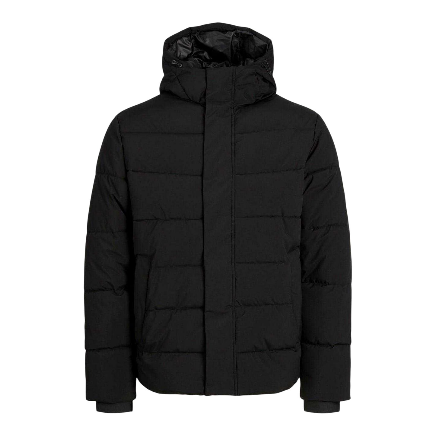 Black - Front - Jack And Jones Mens Colour Block Ribbed Hooded Puffer Jacket