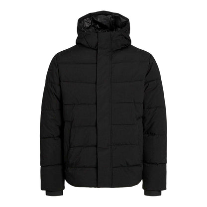 Black - Front - Jack And Jones Mens Colour Block Ribbed Hooded Puffer Jacket