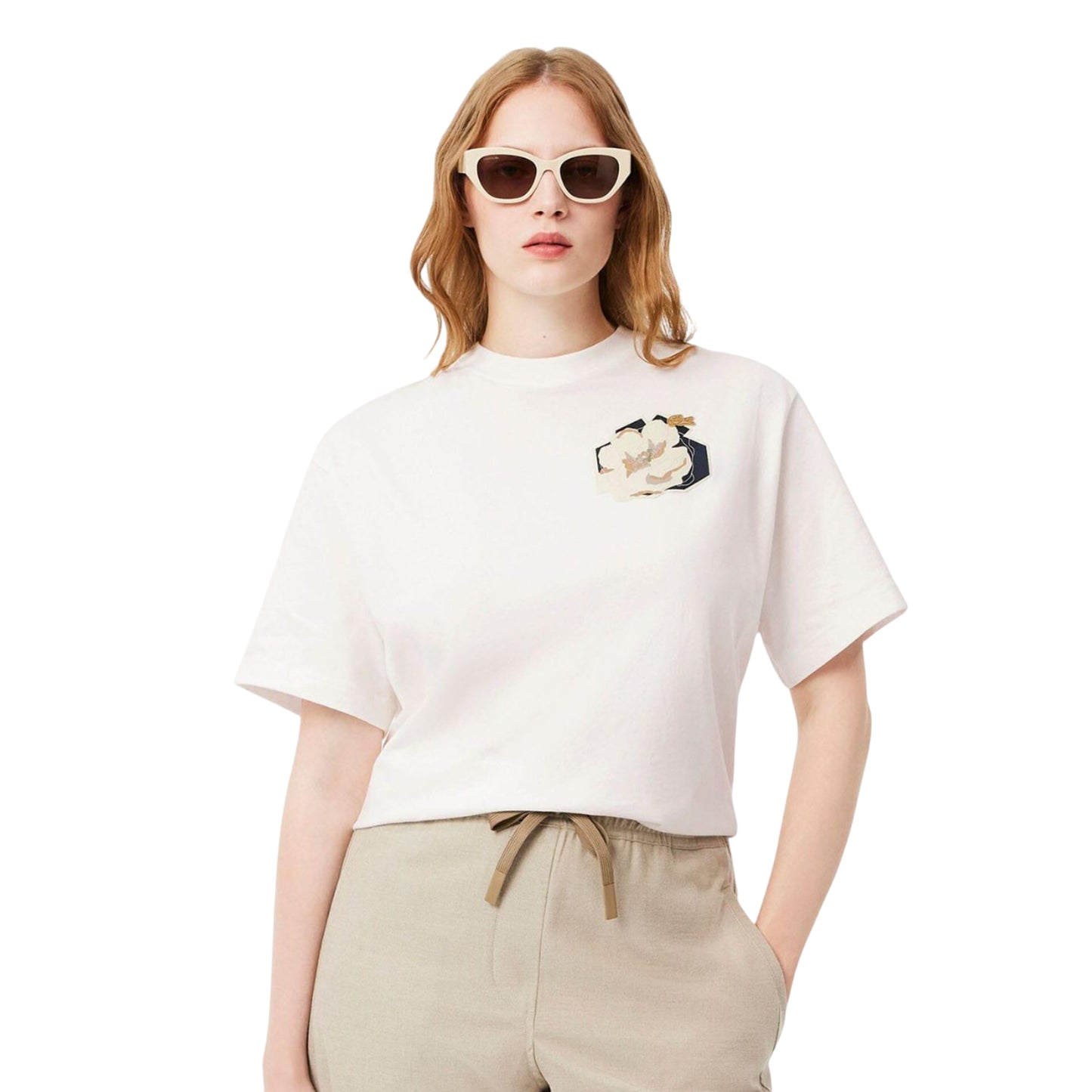 White - Lifestyle - Lacoste Womens-Ladies Flower Cotton Oversized T-Shirt