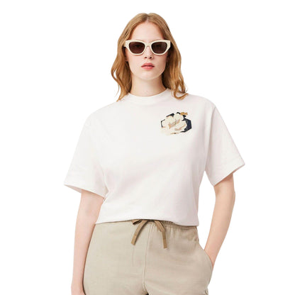 White - Lifestyle - Lacoste Womens-Ladies Flower Cotton Oversized T-Shirt